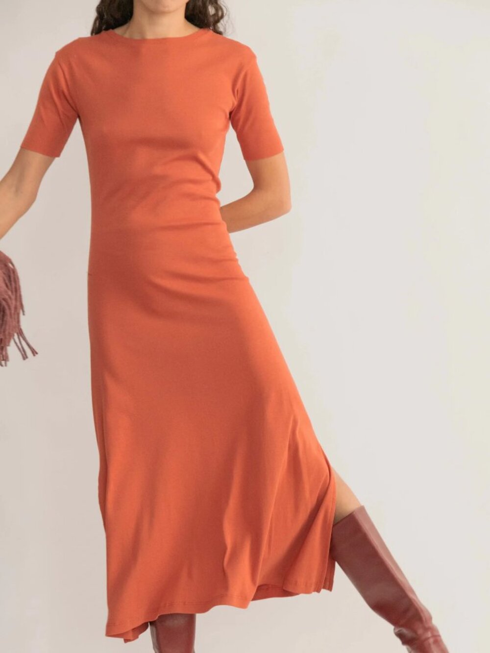 Delfina Balda Basic Color short sleeve dress Orange Rust